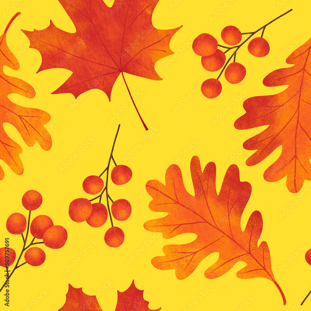 Fototapeta premium Hand drawn seamless pattern with fall autumn leaf leaves berry berries, maple oak acorn. Natural wild forest wood woodland background in red orange yellow. Vintage fabric print.