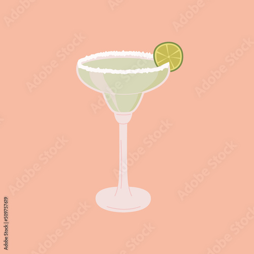 Margarita cocktail with salt and wedge of lime isolated on background. Classic alcoholic beverage in Mexico. Glass of drink with lemon. Vector flat style illustration.