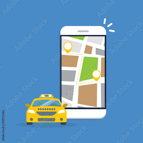 Taxi online service on mobile application with yellow taxicab and location. Get a taxi. Concept for order taxi service.