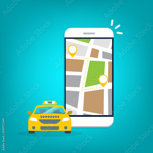 Taxi online service on mobile application with yellow taxicab and location. Get a taxi. Concept for order taxi service.