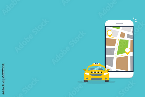 Taxi online service on mobile application with yellow taxicab and location. Get a taxi. Concept for order taxi service.