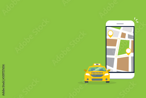 Taxi online service on mobile application with yellow taxicab and location. Get a taxi. Concept for order taxi service.