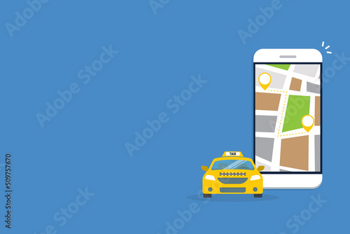 Taxi online service on mobile application with yellow taxicab and location. Get a taxi. Concept for order taxi service.