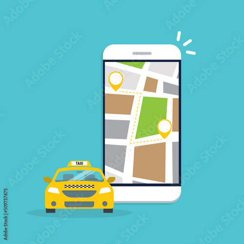 Taxi online service on mobile application with yellow taxicab and location. Get a taxi. Concept for order taxi service.