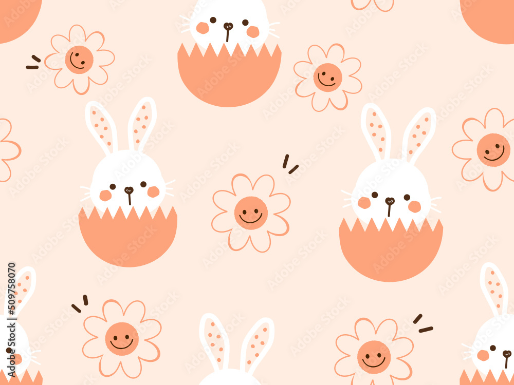 Seamless pattern with rabbits, egg shell and daisy flower cartoons on orange background vector illustration.