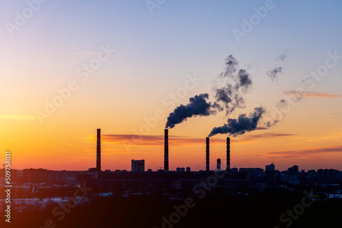 Factory pipe polluting air  smoke from chimneys. environmental problems  ecological theme.