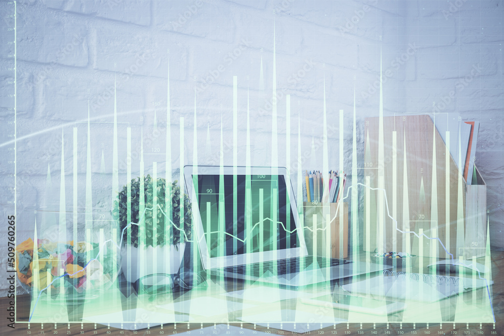 Forex market graph hologram and personal computer on background. Double exposure. Concept of investment. Forex market graph hologram and personal computer on background. Double exposure. Concept of investment.