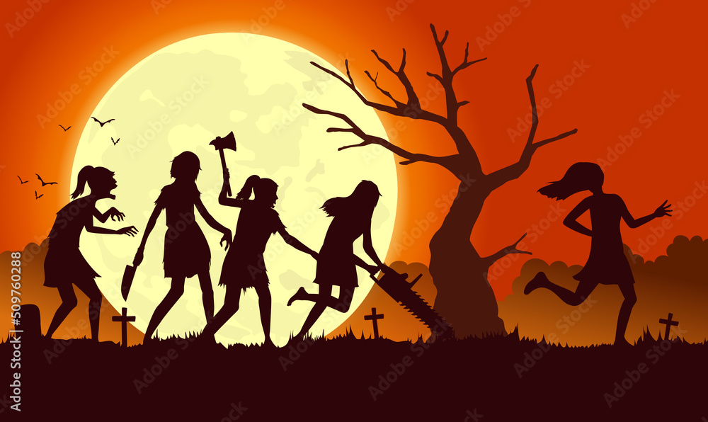 zombie girls group with an ax and electric saw hunting a girl who run away. Silhouette illustration about zombie crowd chasing people on Halloween night. zombie girls group with an ax and electric saw hunting a girl who run away. Silhouette illustration about zombie crowd chasing people on Halloween night.