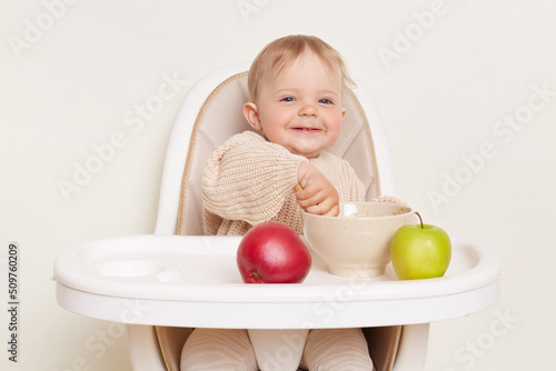 Indoor shot of satisfied positive happy little female girl wearing beige sweater sitting in high chair and eating fruit puree from plate, isolated over white background.