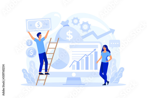 Economy school subject concept. Student studying economics and money. modern flat illustration