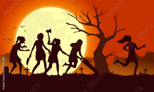 zombie girls group with an ax and electric saw hunting a girl who run away. Silhouette illustration about zombie crowd chasing people on Halloween night.