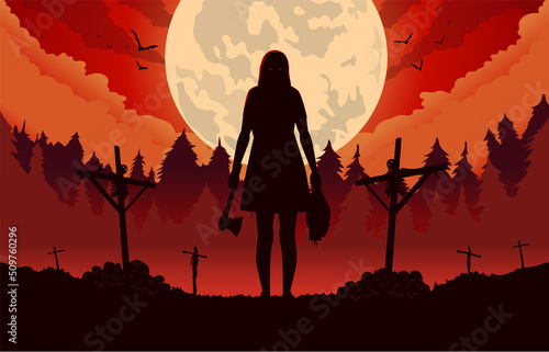 Silhouettes of a zombie girl group with an ax was evil spirit walking standing in a forest full of crosses with dead bodies and skeletons hanging. Halloween night, Terror concept.