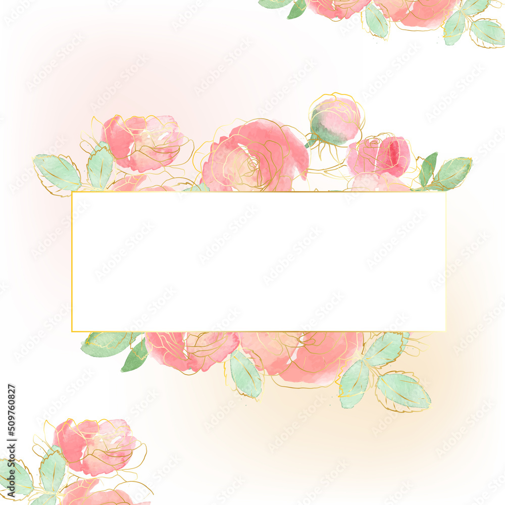 Obraz premium watercolor loose rose flower bouquet with gold line art baner background template
