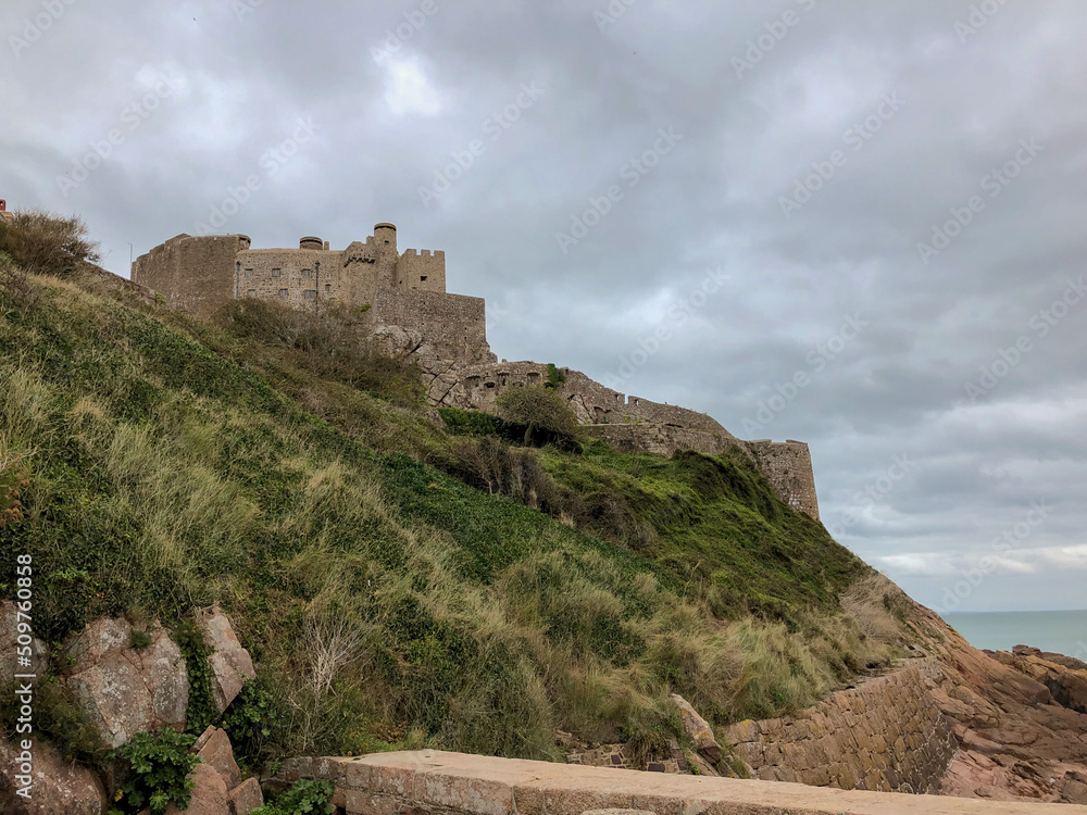View of Mont Orgueil on a cloudy day, Jersey