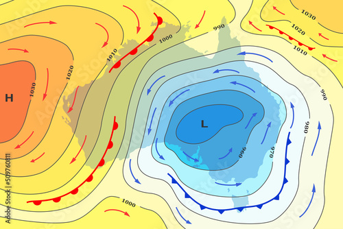 Weather forecast map of Australia. Movement of cold front to continent. Winter in Australia. Template of synoptic map showing of isobars, pressure, temperature change, direction wind, weather fronts.