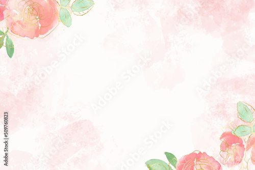 watercolor loose rose flower bouquet with gold line art background