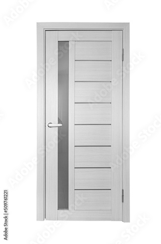 Stylish wooden door on a white background.