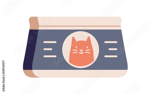 Cats treats in pack. Kittens food package. Jar of feed for feline animals. Ve...