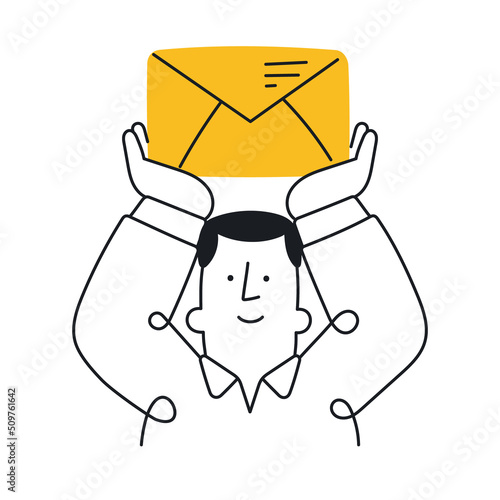 Man holding in hands big envelope. Outline, linear, thin line, doodle art. Simple style with editable stroke.Web