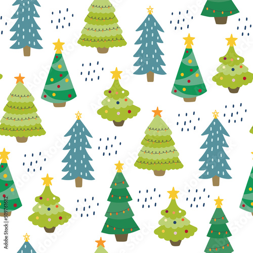 Seamless pattern with hand-drawn Christmas trees. Colorful vector background. Decorative wallpaper, well suited for printing textiles, fabric, wallpaper, gift paper.