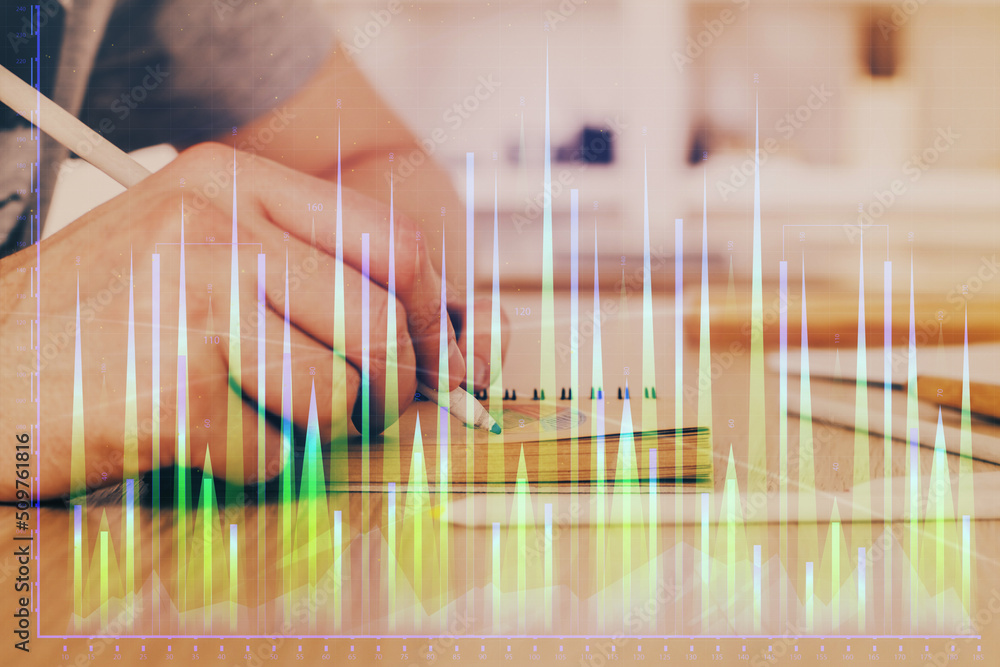 Multi exposure closeup hands with stock market forex graph. Multi exposure closeup hands with stock market forex graph.