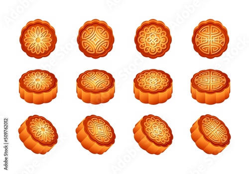 Collection of 3d Chinese moon cake for Mid Autumn festival. Sweet cakes or dessert from different sides on white isolated background. Decoration element for oriental fall holiday. Vector illustration