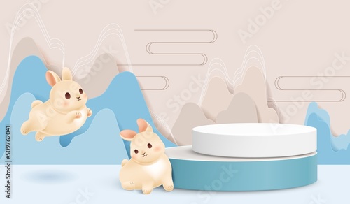 Mid autumn festival banner with rabbits and podium. Template with traditional chinese clouds and jumping happy bunny. Holiday design background with paper cut mountains or hills. Vector illustration