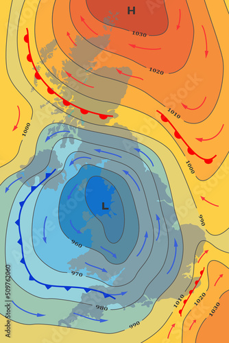 Weather forecast map of Great Britain. Movement of cold front to UK. Meteorological forecast. Template of synoptic map showing of isobars, pressure, temperature change, direction wind, weather fronts.