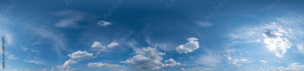 blue sky hdri 360 panorama with white beautiful clouds. Seamless panorama with zenith for use in 3d graphics or game development as sky dome or edit drone shot for sky replacement