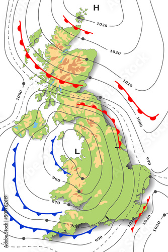 Forecast weather map of Great Britain. Meteorological, topography, physical map. Template of synoptic map showing of movement fronts cyclone and anticyclone wind in graphic chart, isobars, temperature photo