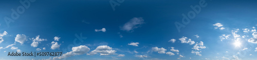 blue sky hdri 360 panorama with white beautiful clouds. Seamless panorama with zenith for use in 3d graphics or game development as sky dome or edit drone shot for sky replacement