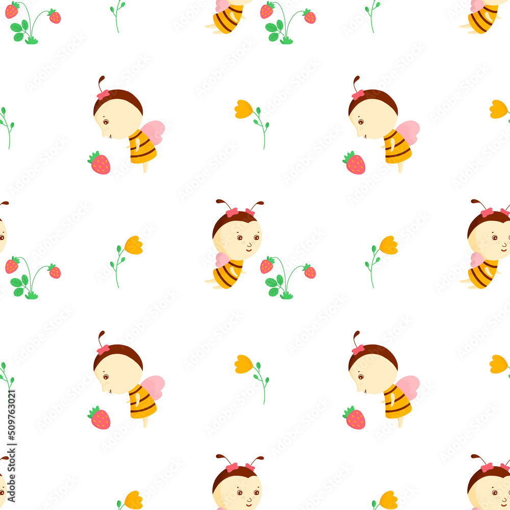 Cute friendly cartoon bee with strawberries and flowers on the vector seamless pattern. Insect character. Children illustration. Cute friendly cartoon bee with strawberries and flowers on the vector seamless pattern. Insect character. Children illustration.