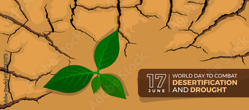 World Day to Combat Desertification and Drought - Top view plant leaf on parched soil during drought and dry vector design