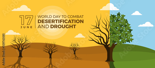 World Day to Combat Desertification and Drought - Two parts are the dry and hot tree scene and the refreshing tree scene vector design