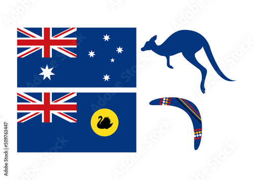 Australia flag, kangaroo, boomerang color icon set vector. Flag of Australia and Western Australia flag vector. Australian design elements isolated on a white background