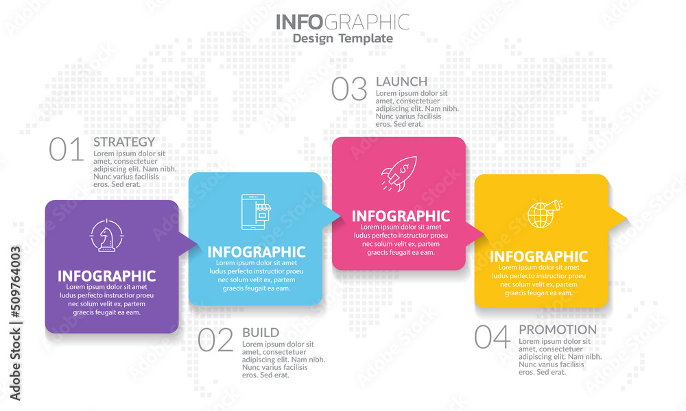 Infographic 4 steps seo for content, diagram, flowchart, steps, parts, timeline, workflow, chart.