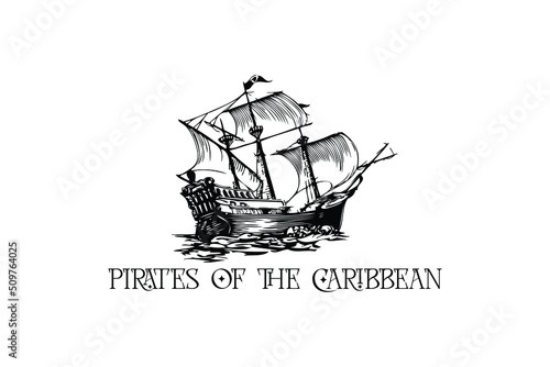 Pirates of the Caribbean logo design, sailing boat vektor.