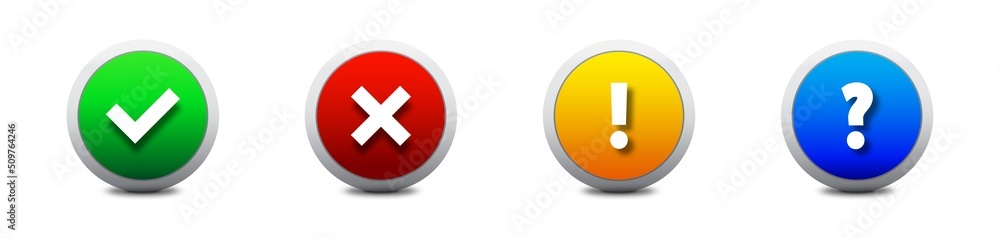 Set of tick, cross, exclamation point, and question mark signs in color 3d design. Realistic Right And Wrong 3D buttons. Check marks - cross sign and tick sign. Flat vector illustration. Set of tick, cross, exclamation point, and question mark signs in color 3d design. Realistic Right And Wrong 3D buttons. Check marks - cross sign and tick sign. Flat vector illustration.