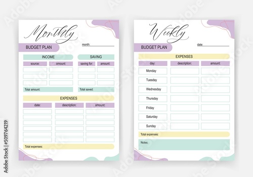 Set of budget planners for month and week. Minimalist simple printable planner.