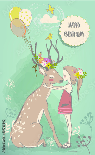 birthday card with girl and deer