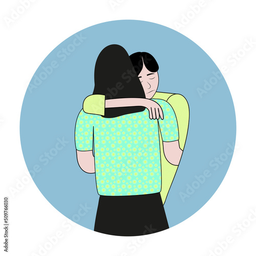 Support concept, consolation, family, friendship concept, problems, trouble, difficulties. Friend support, hugs. Mutual assistance. Psychological help. Vector illustration. Sad man. Emotional support