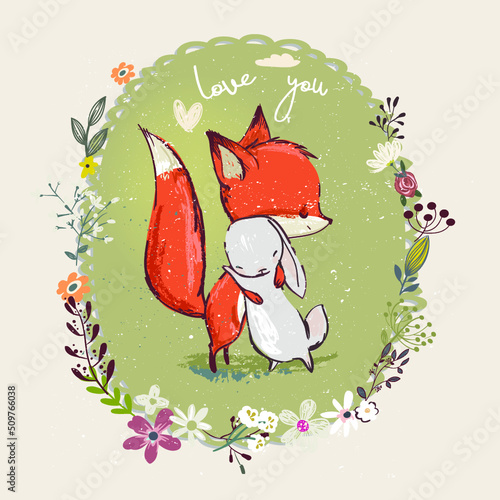 Cute fox and hare embrace