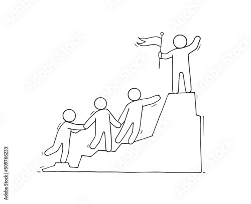 Sketch of men on mountain top.
