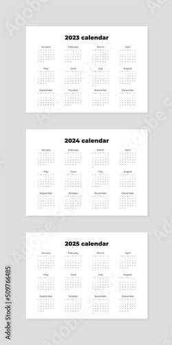 Set of calendars 2023, 2024, 2025. Blank printable horizontal one-page calendar templates. Vector illustration 10 EPS.