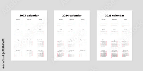 Set of calendars 2023, 2024, 2025. Blank printable vertical one-page calendar templates. Vector illustration 10 EPS.