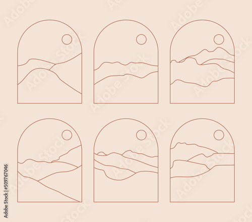 Set of Boho Landscape Logos in Trendy Minimal Liner Style