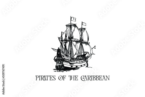 Pirates of the Caribbean logo design, sailing boat template vektor.
