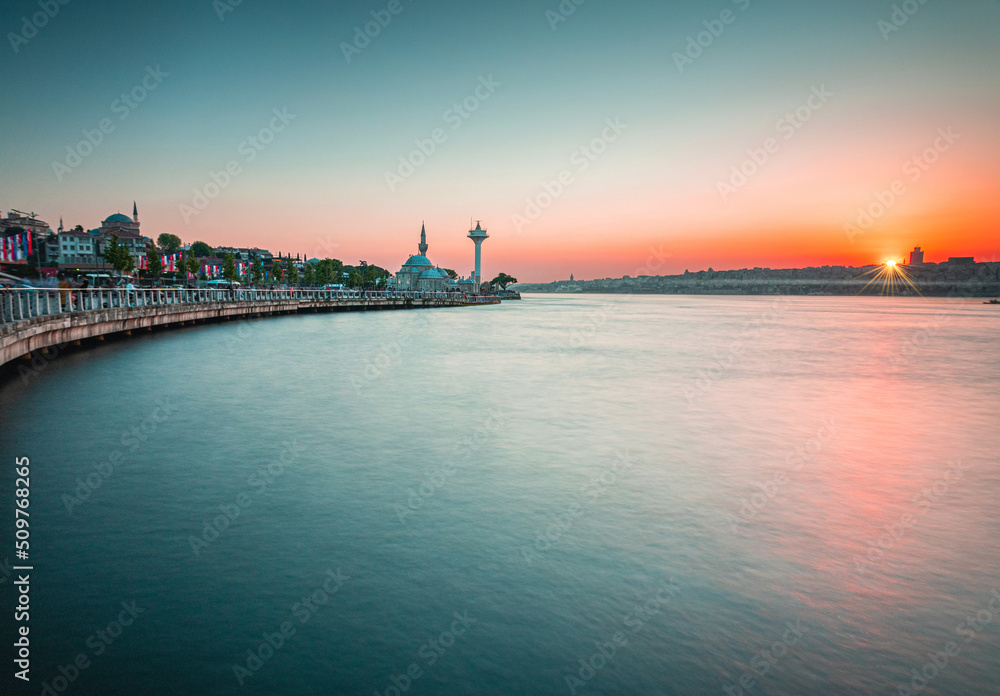 sunset over the Bosphorus strait in Istanbul city