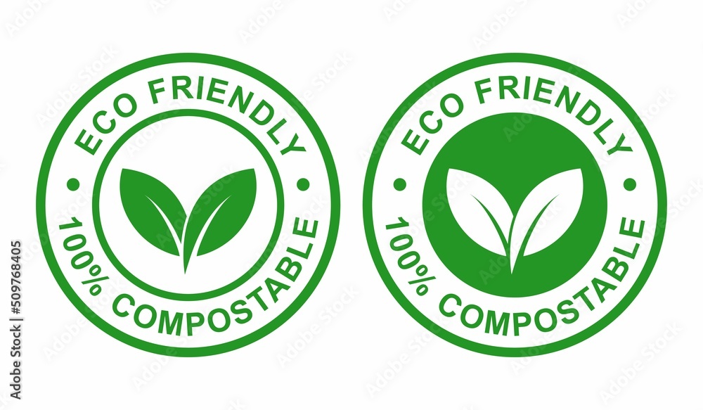 Eco friendly - 100% compostable badge stamp vector logo. Suitable for product label Eco friendly - 100% compostable badge stamp vector logo. Suitable for product label
