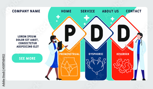 PDD - Premenstrual Dysphoric Disorder acronym. business concept background. vector illustration concept with keywords and icons. lettering illustration with icons for web banner, flyer, landing pag